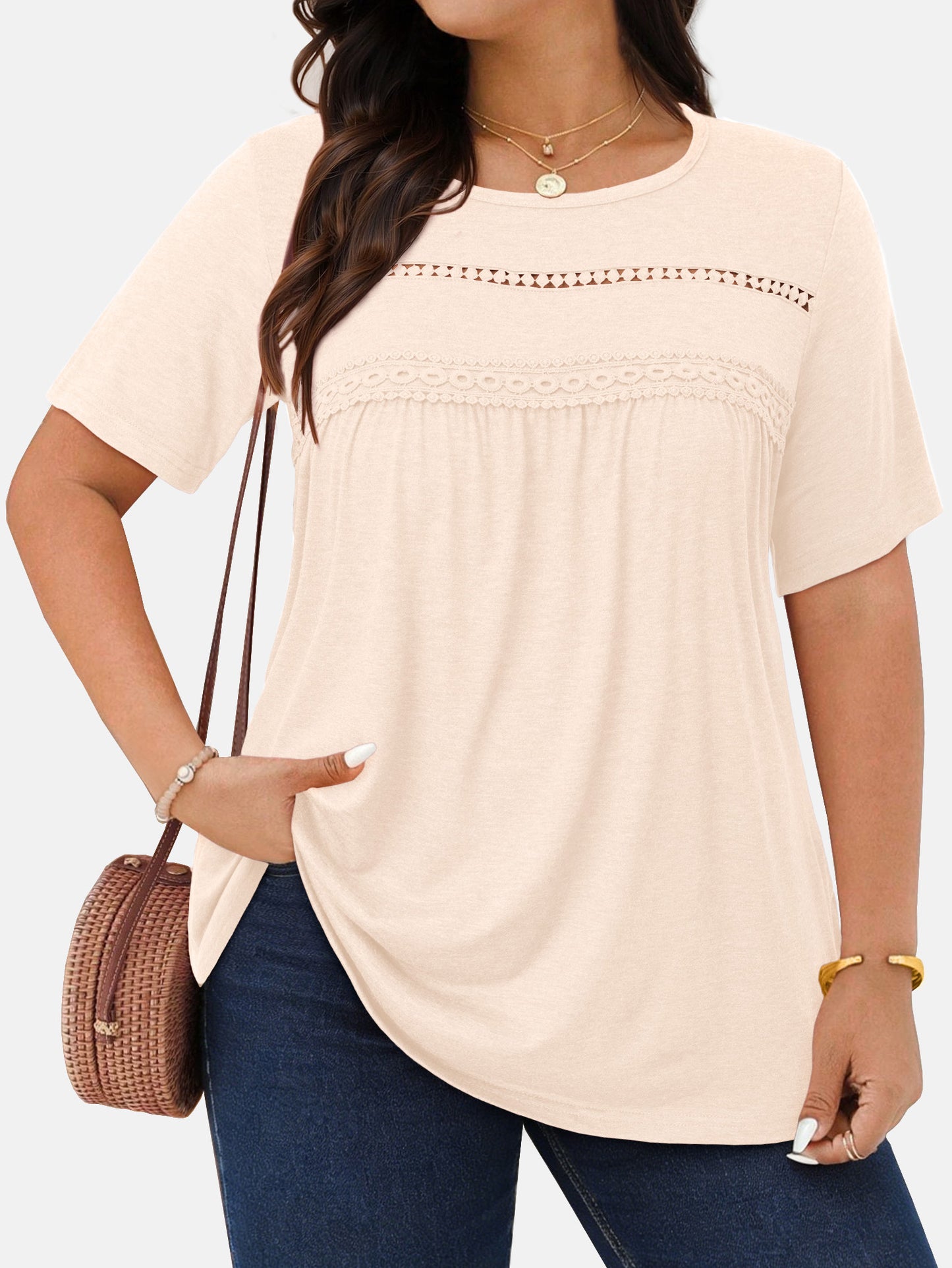 WellSize Lace Plus Size Women Blouses Casual Tunic Boho Tops Crew Neck Short Sleeve Shirts Trendy Summer Blouses
