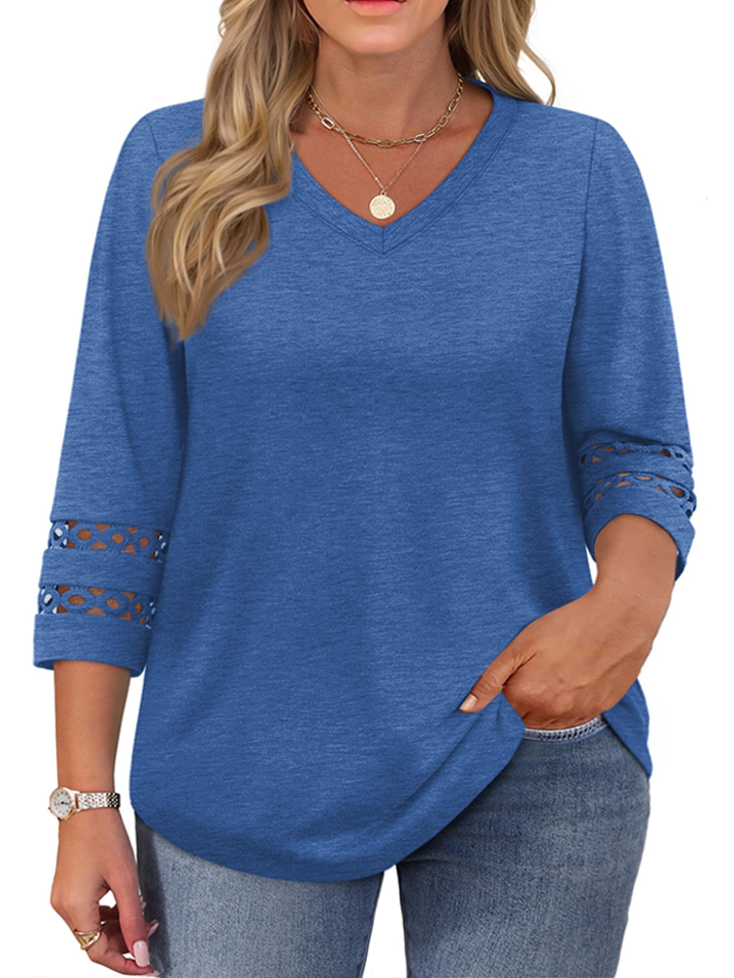 WellSize 3/4 Sleeve Womens Plus Size Tops V Neck Trendy Tunic Blouses Curved Hem Casual Shirts