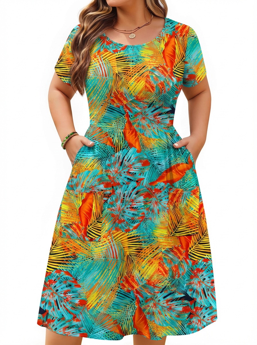 WellSize Summer Plus Size Dresses for Women Short Sleeve A-Line Midi Dresses Casual Floral Print Beach Dress with Pockets