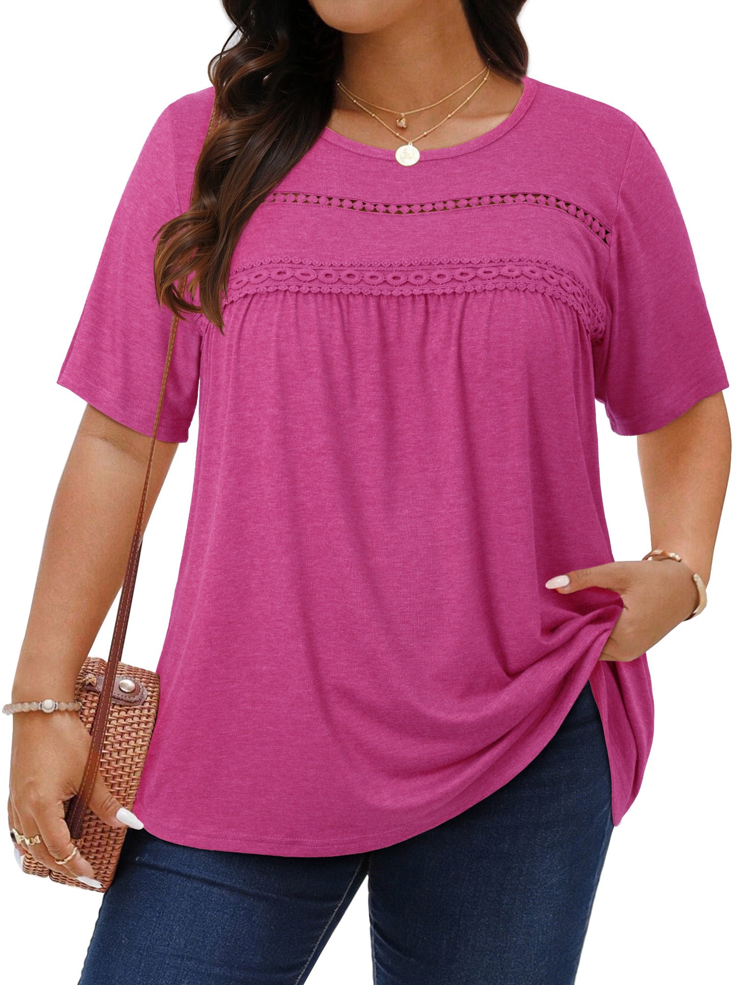 WellSize Lace Plus Size Women Blouses Casual Tunic Boho Tops Crew Neck Short Sleeve Shirts Trendy Summer Blouses