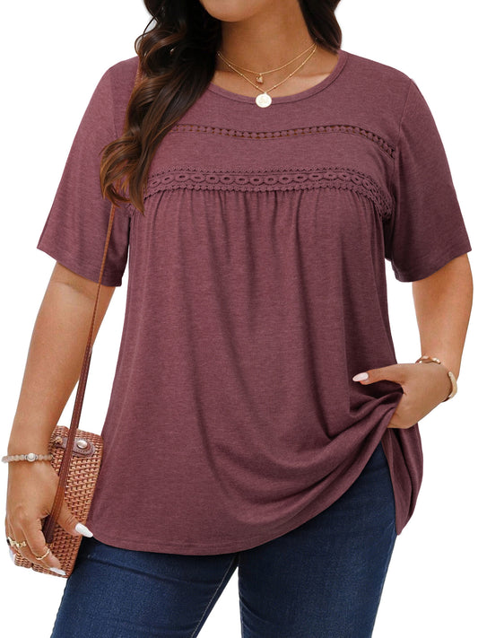 WellSize Lace Plus Size Women Blouses Casual Tunic Boho Tops Crew Neck Short Sleeve Shirts Trendy Summer Blouses