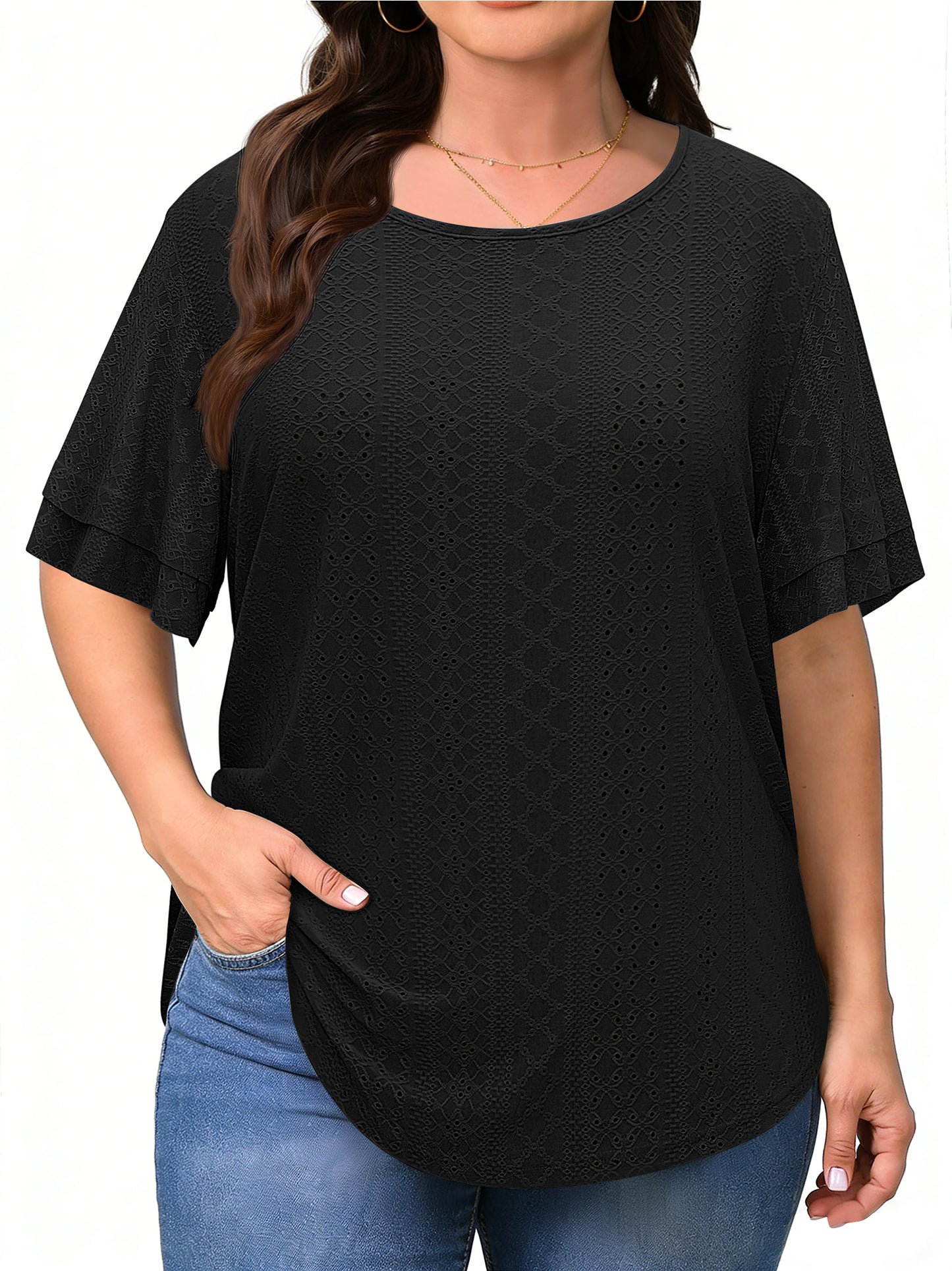 WellSize Plus Size Tops for Women Eyelet Crew Neck Tunic Blouses Casual Summer Ruffled Short Sleeve Shirts