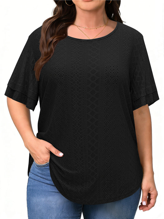 WellSize Plus Size Tops for Women Eyelet Crew Neck Tunic Blouses Casual Summer Ruffled Short Sleeve Shirts