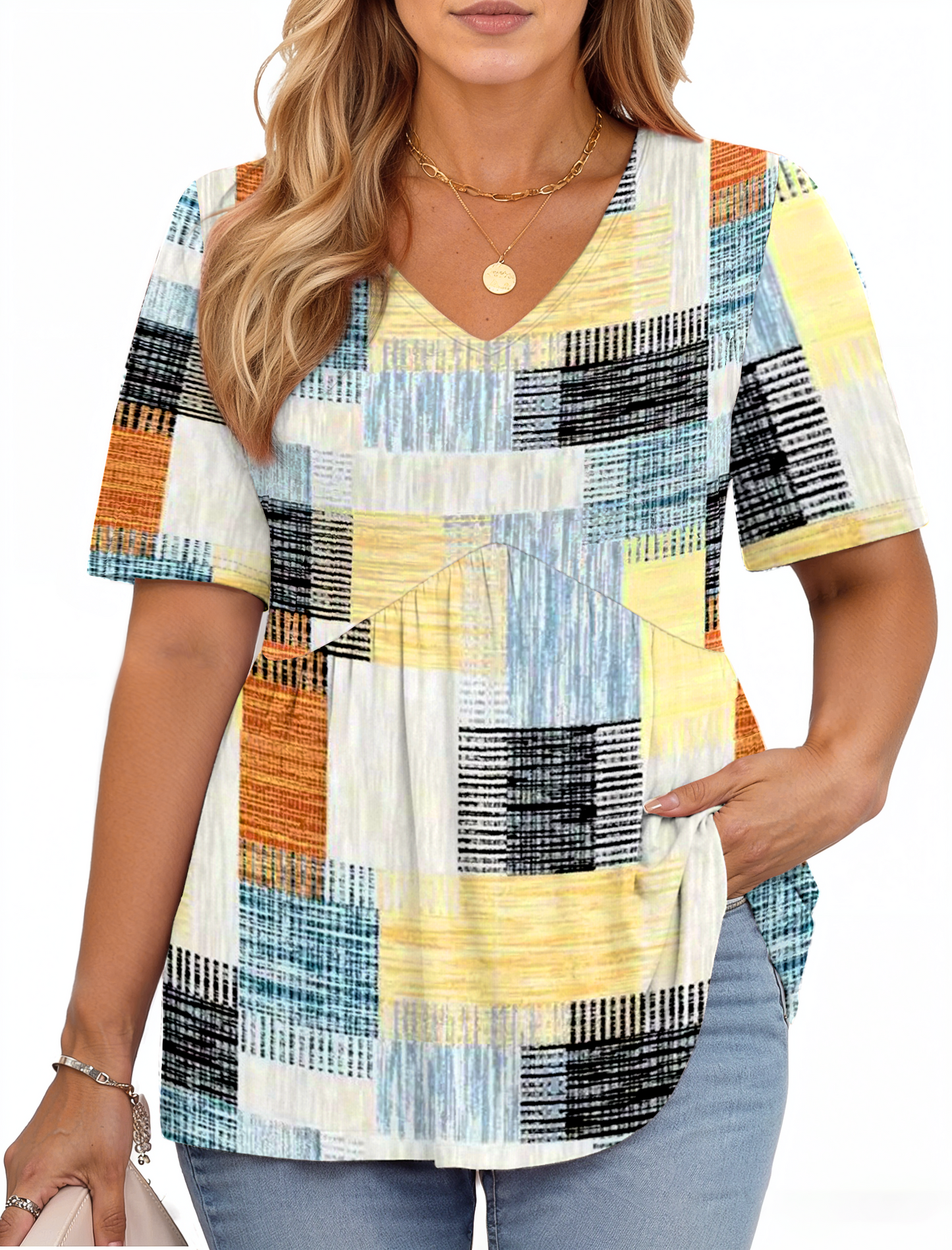 WellSize Plus Size Women Tops Casual V Neck Blouses Summer Short Sleeve Shirts Floral Tunic Tops