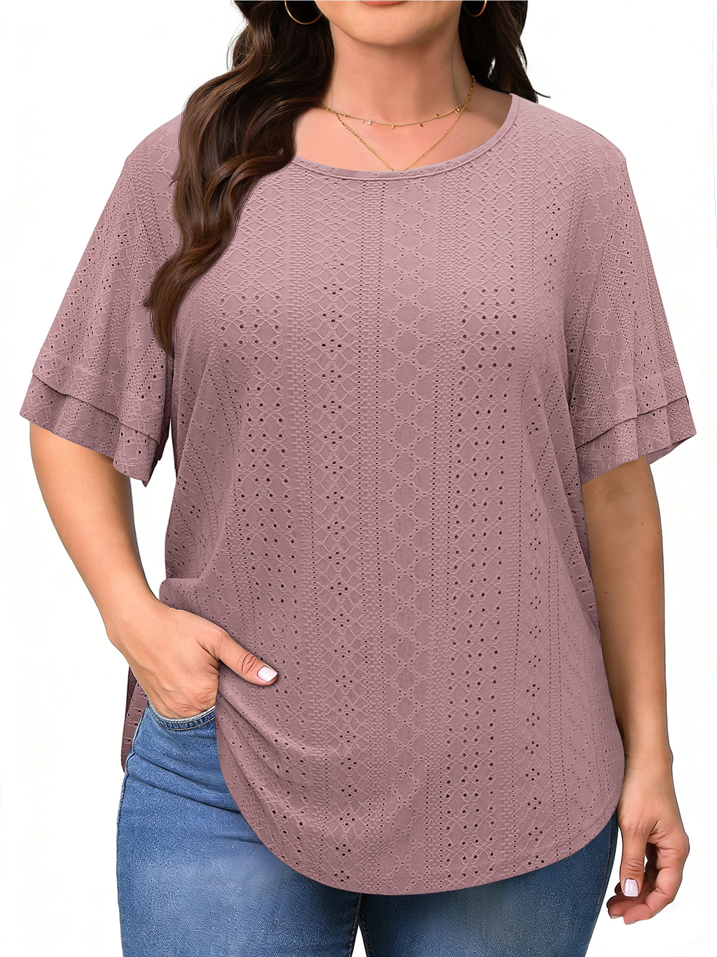 WellSize Plus Size Tops for Women Eyelet Crew Neck Tunic Blouses Casual Summer Ruffled Short Sleeve Shirts