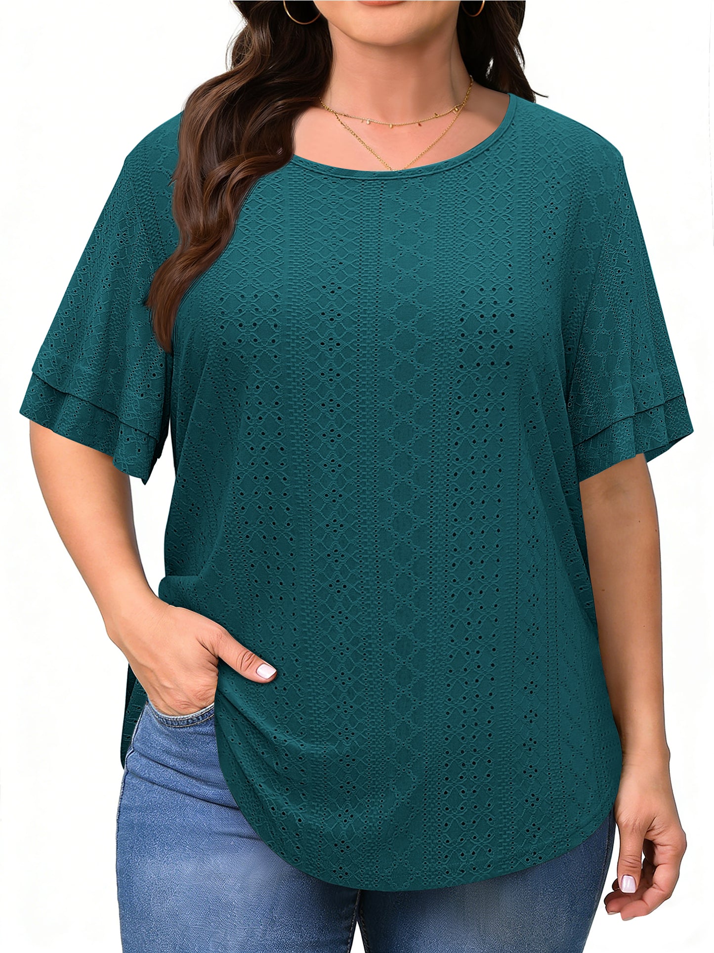 WellSize Plus Size Tops for Women Eyelet Crew Neck Tunic Blouses Casual Summer Ruffled Short Sleeve Shirts