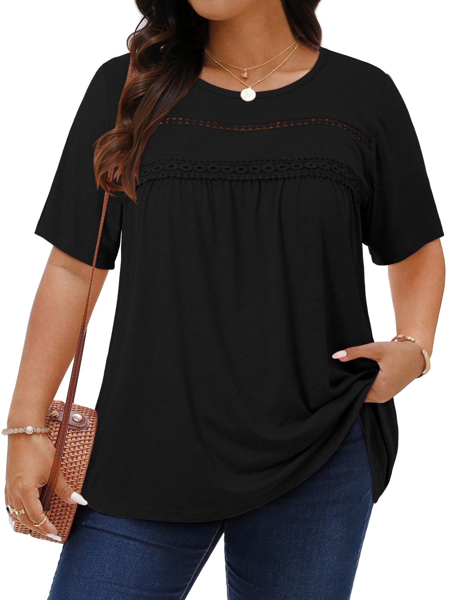 WellSize Lace Plus Size Women Blouses Casual Tunic Boho Tops Crew Neck Short Sleeve Shirts Trendy Summer Blouses