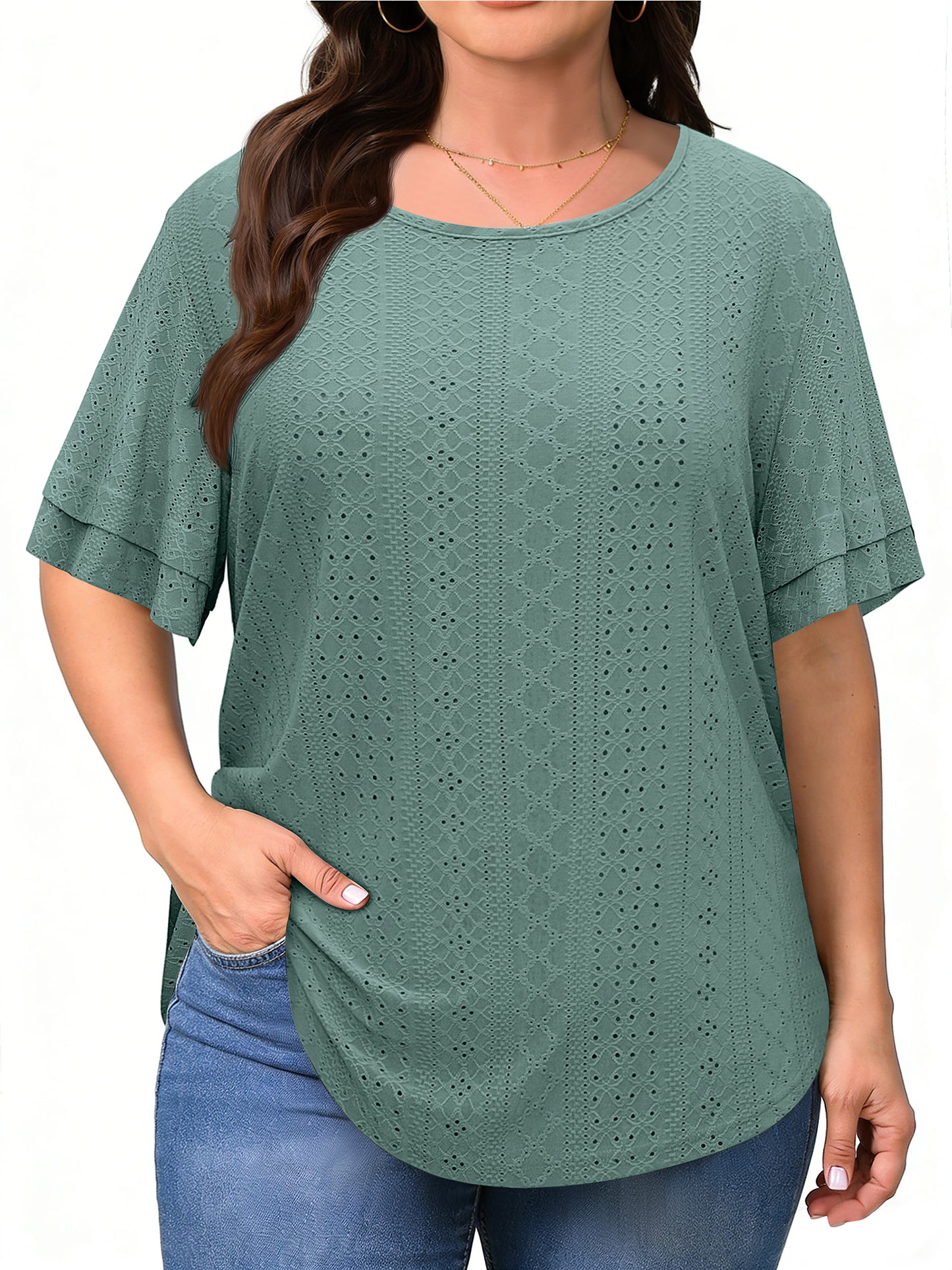 WellSize Plus Size Tops for Women Eyelet Crew Neck Tunic Blouses Casual Summer Ruffled Short Sleeve Shirts