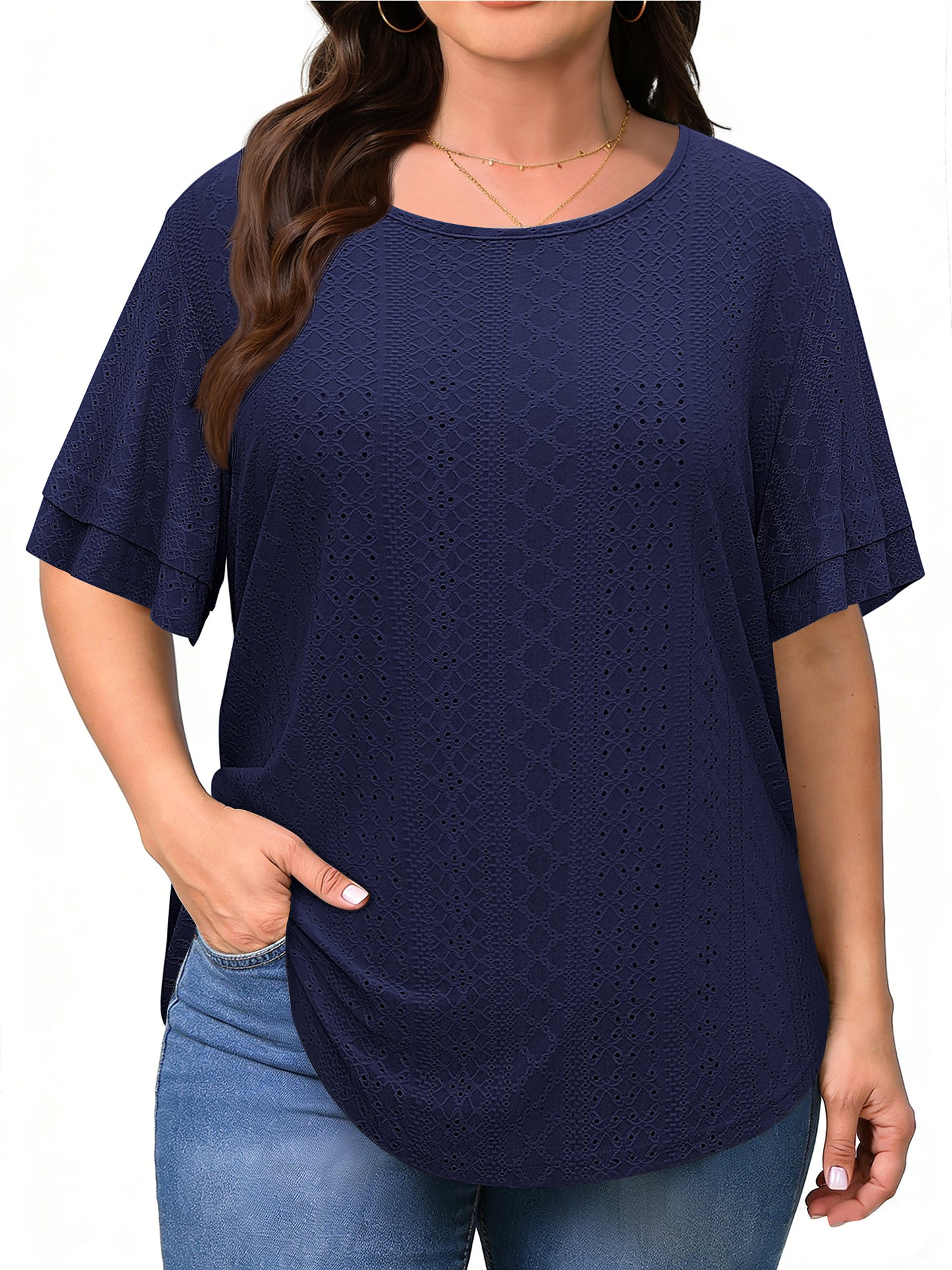 WellSize Plus Size Tops for Women Eyelet Crew Neck Tunic Blouses Casual Summer Ruffled Short Sleeve Shirts