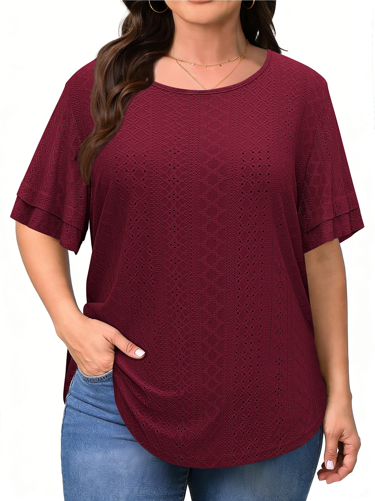 WellSize Plus Size Tops for Women Eyelet Crew Neck Tunic Blouses Casual Summer Ruffled Short Sleeve Shirts