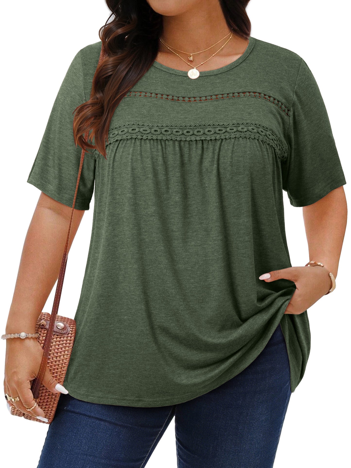 WellSize Lace Plus Size Women Blouses Casual Tunic Boho Tops Crew Neck Short Sleeve Shirts Trendy Summer Blouses