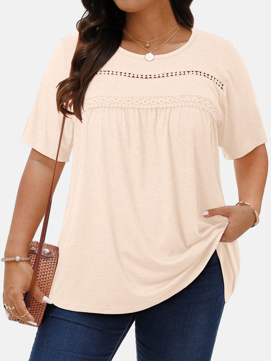 WellSize Lace Plus Size Women Blouses Casual Tunic Boho Tops Crew Neck Short Sleeve Shirts Trendy Summer Blouses
