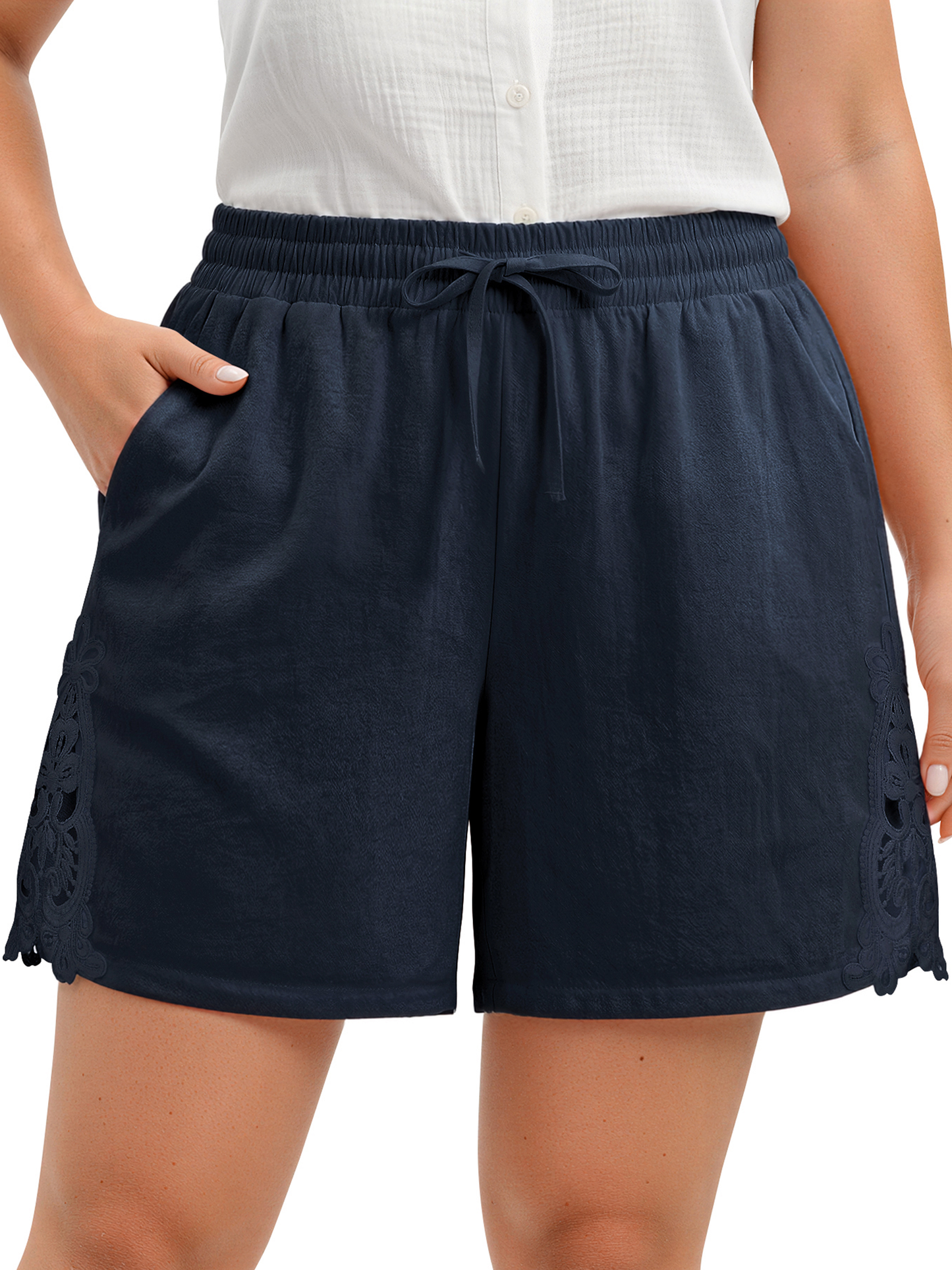 WellSize Plus Size Lace Shorts for Women Summer Drawstring Elastic Waist Short Pants with Pockets