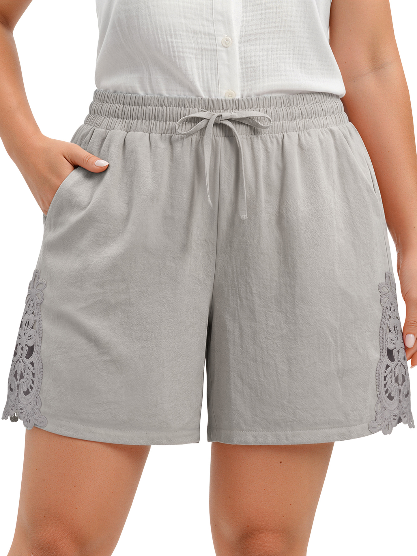 WellSize Plus Size Lace Shorts for Women Summer Drawstring Elastic Waist Short Pants with Pockets