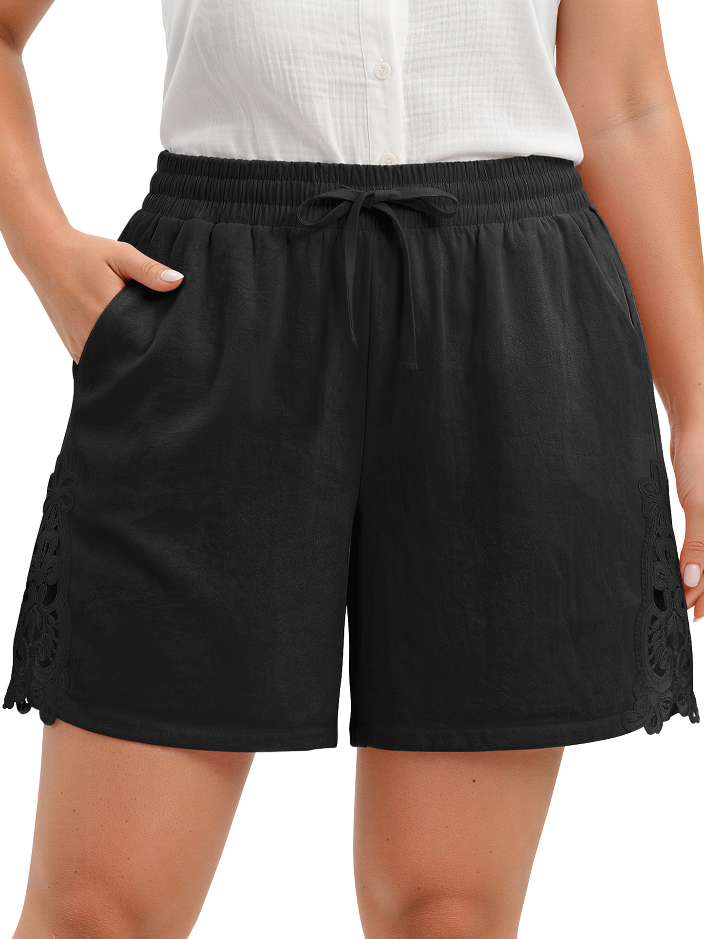 WellSize Plus Size Lace Shorts for Women Summer Drawstring Elastic Waist Short Pants with Pockets