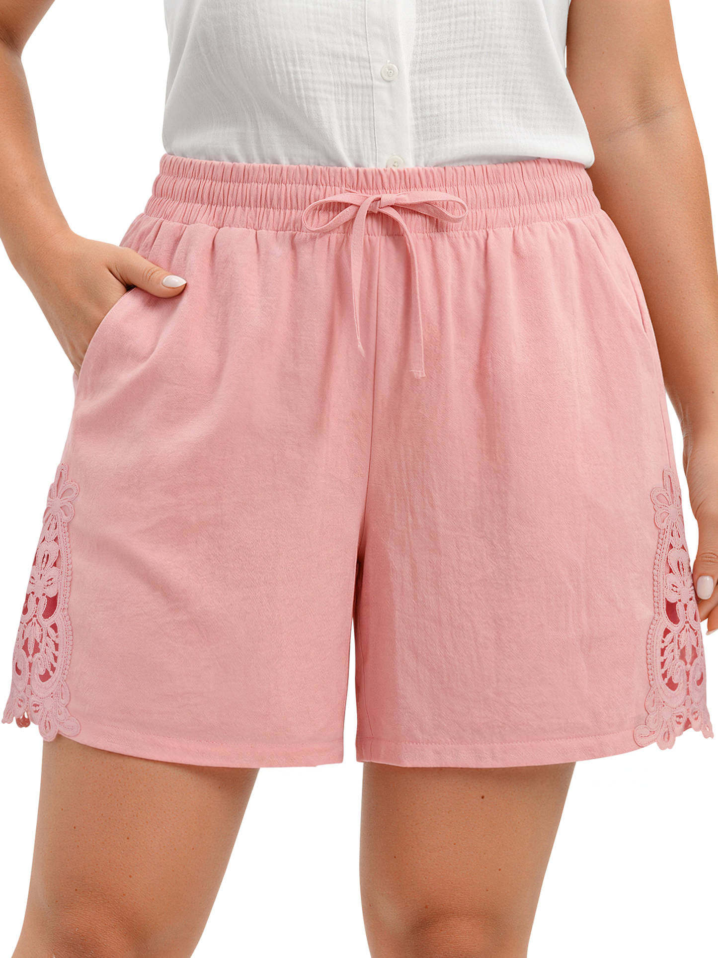 WellSize Plus Size Lace Shorts for Women Summer Drawstring Elastic Waist Short Pants with Pockets