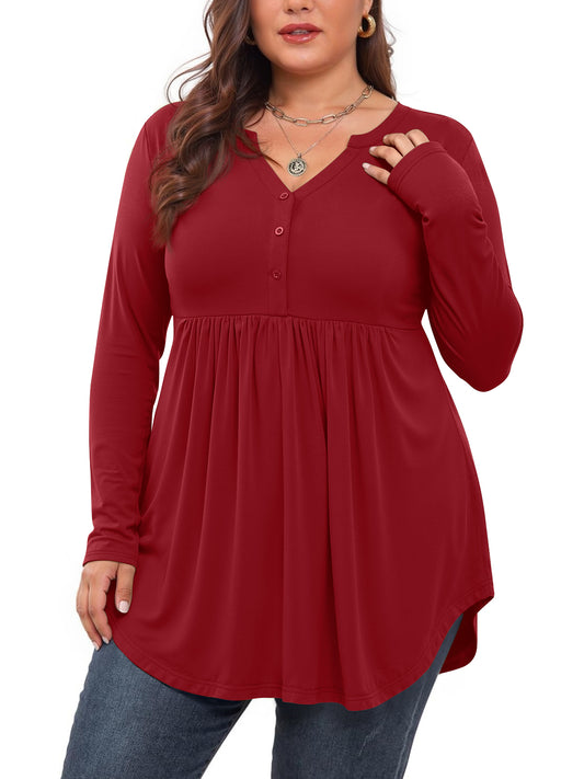 WellSize Plus Size Women Blouses V Neck Curved Hems Tunic Fall Tops Casual Long Sleeve Botton Shirts