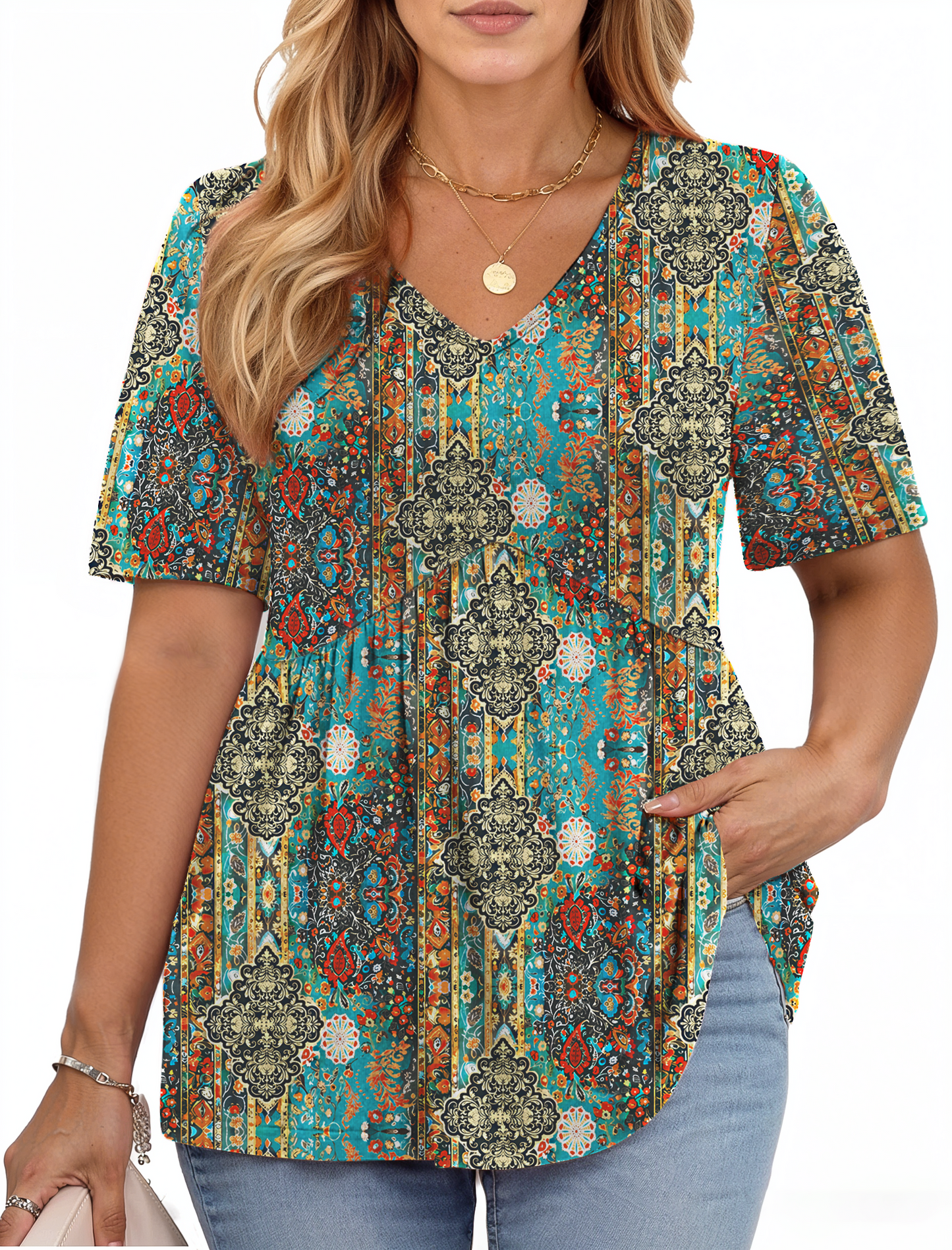 WellSize Plus Size Women Tops Casual V Neck Blouses Summer Short Sleeve Shirts Floral Tunic Tops