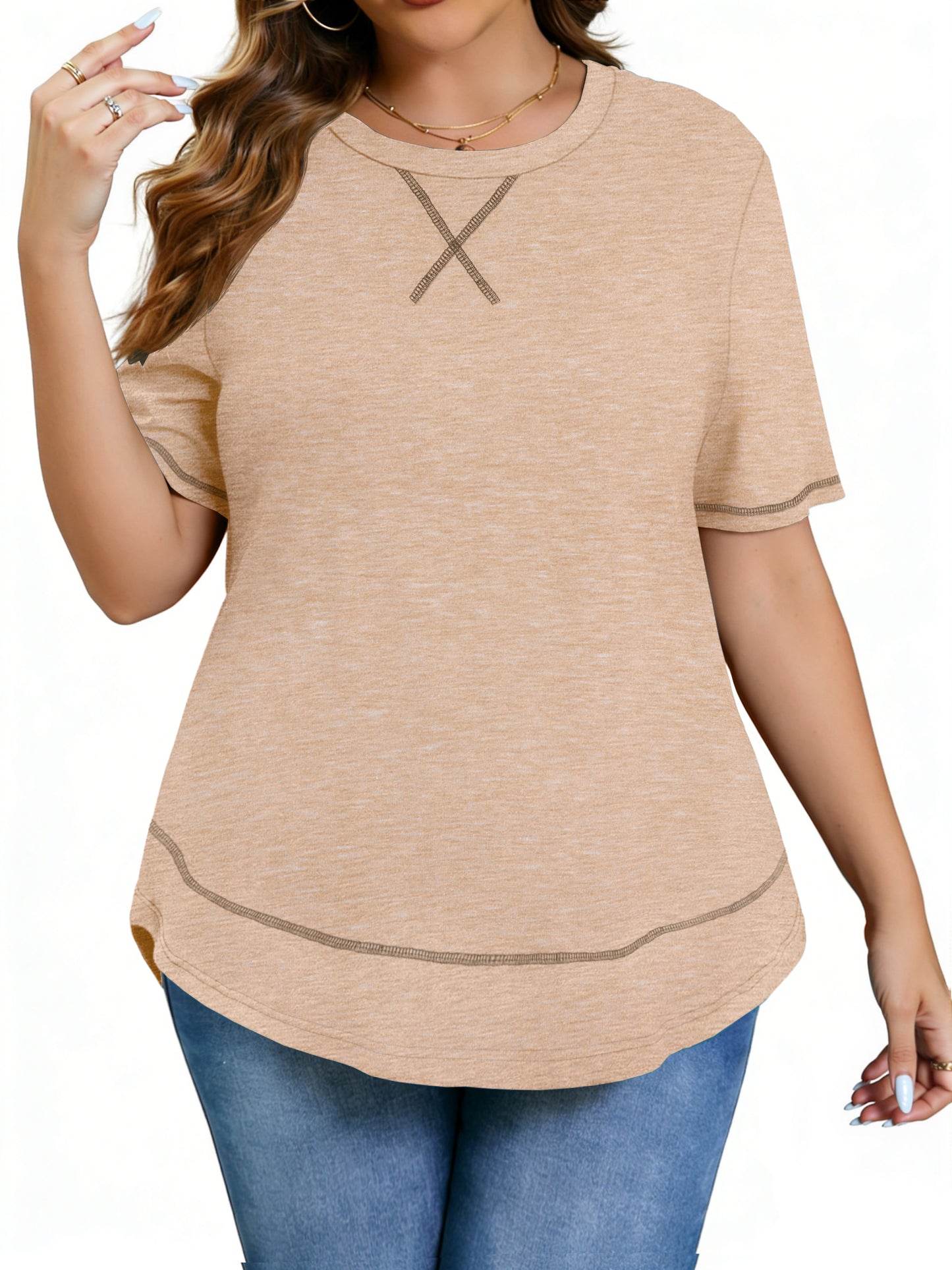 WellSize Womens Plus size Tops Curved Hem Summer Short Sleeve Shirts Loose Casual Tunic Tee