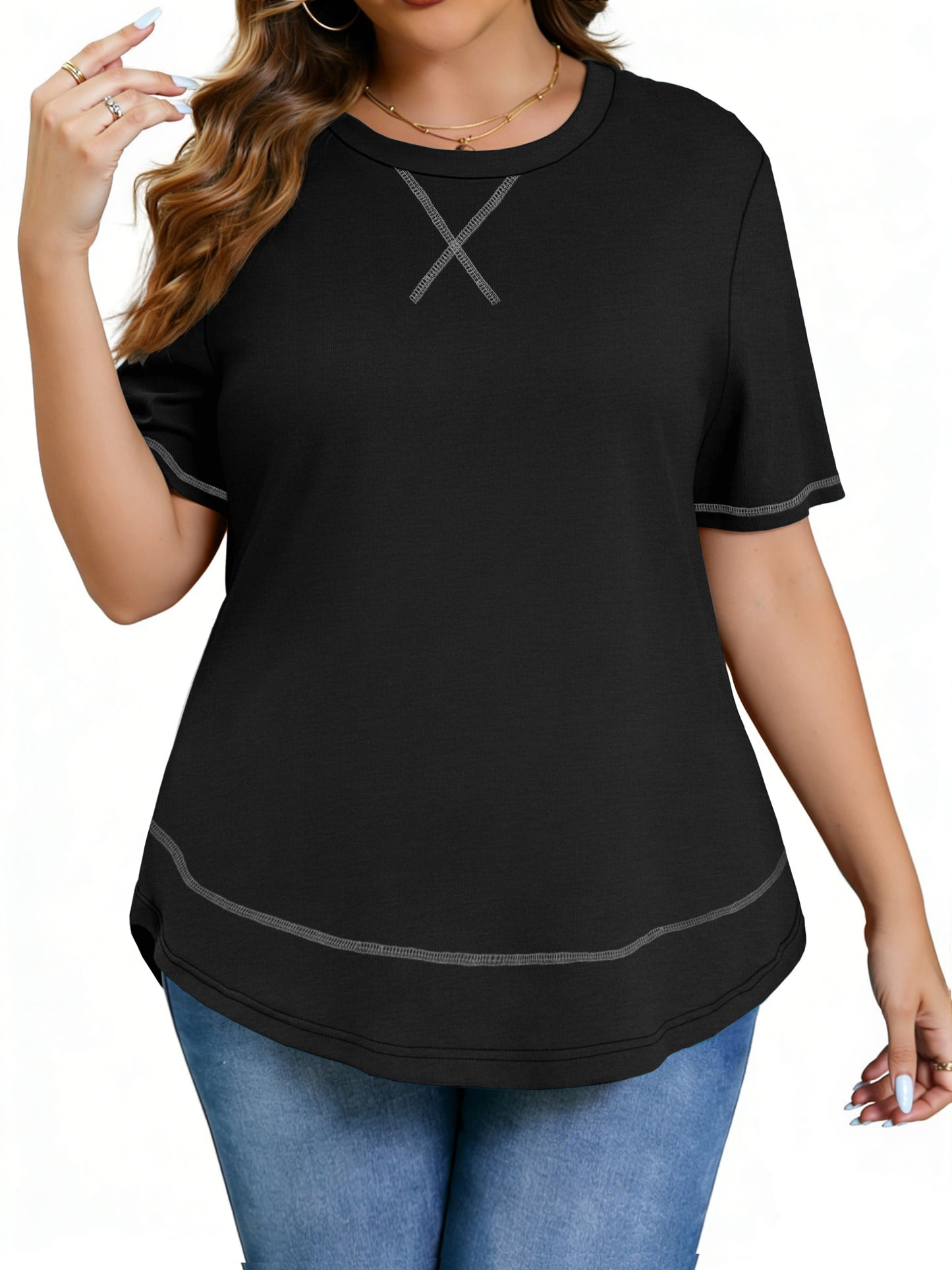 WellSize Womens Plus size Tops Curved Hem Summer Short Sleeve Shirts Loose Casual Tunic Tee