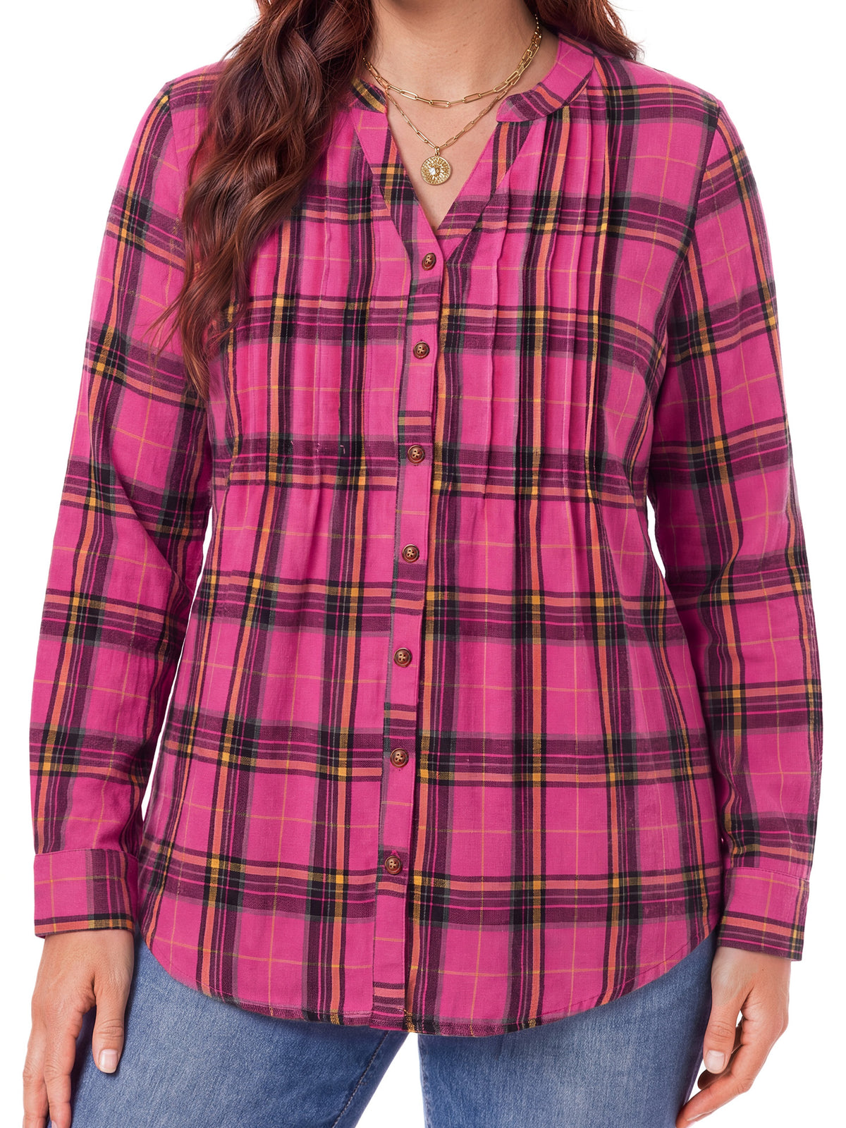 WellSize Plus Size Flannel Plaid Shirts for Women Casual V Neck Button Down Shirts Loose Long Sleeve Fall Tops