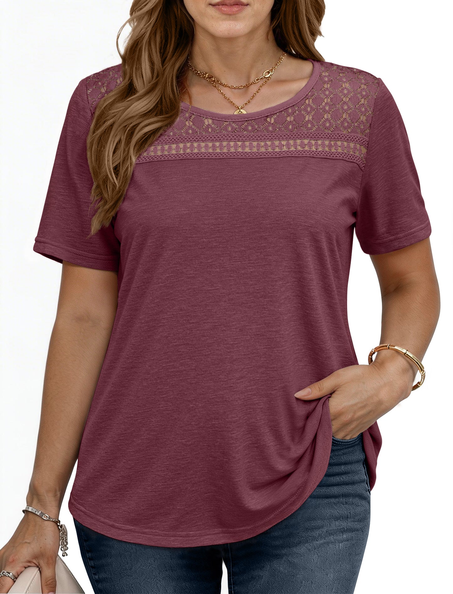 WellSize Women Plus Size Blouses Dressy Lace Crew Neck Tops Casual Short Sleeve Summer Shirts