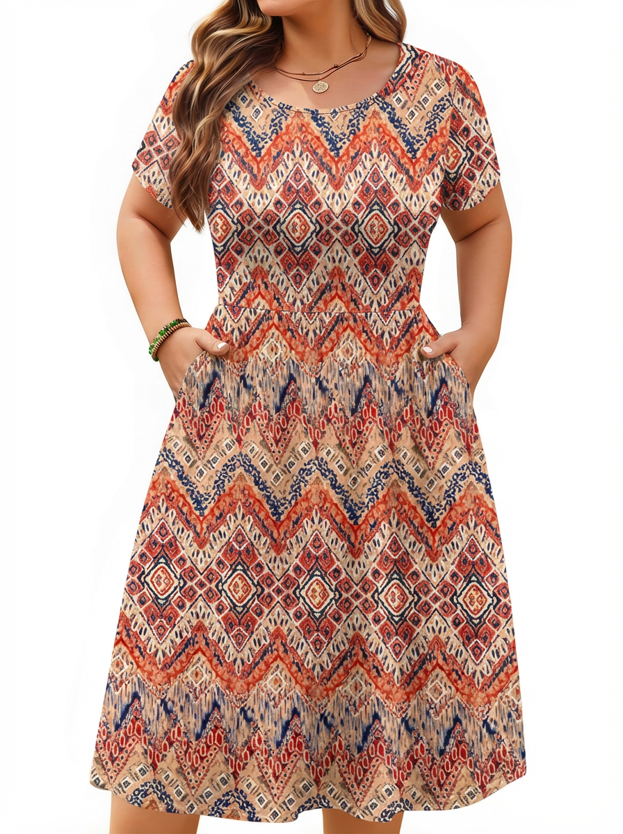 WellSize Summer Plus Size Dresses for Women Short Sleeve A-Line Midi Dresses Casual Floral Print Beach Dress with Pockets