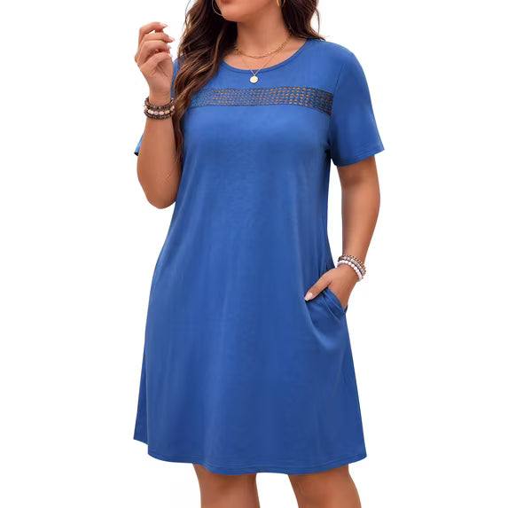 WellSize Plus Size Dresses For Women Summer Crew Neck Short Sleeve T Shirt Dress Casual Lace Sundresses with Pockets