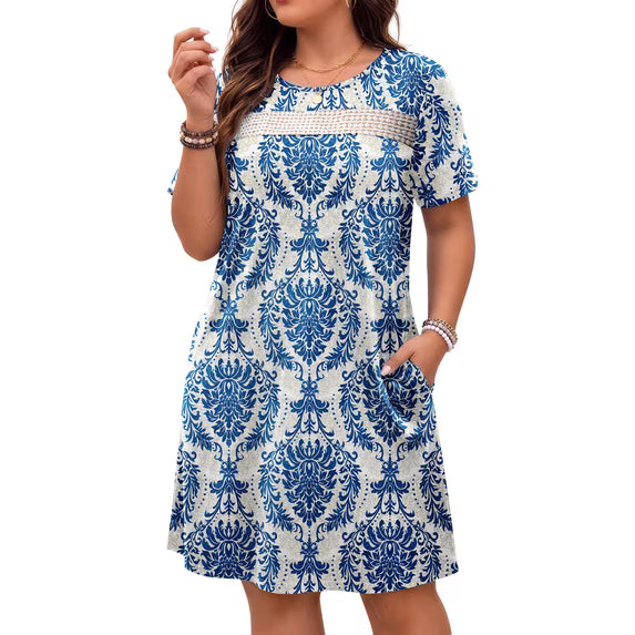 WellSize Plus Size Dresses For Women Summer Crew Neck Short Sleeve T Shirt Dress Casual Lace Sundresses with Pockets