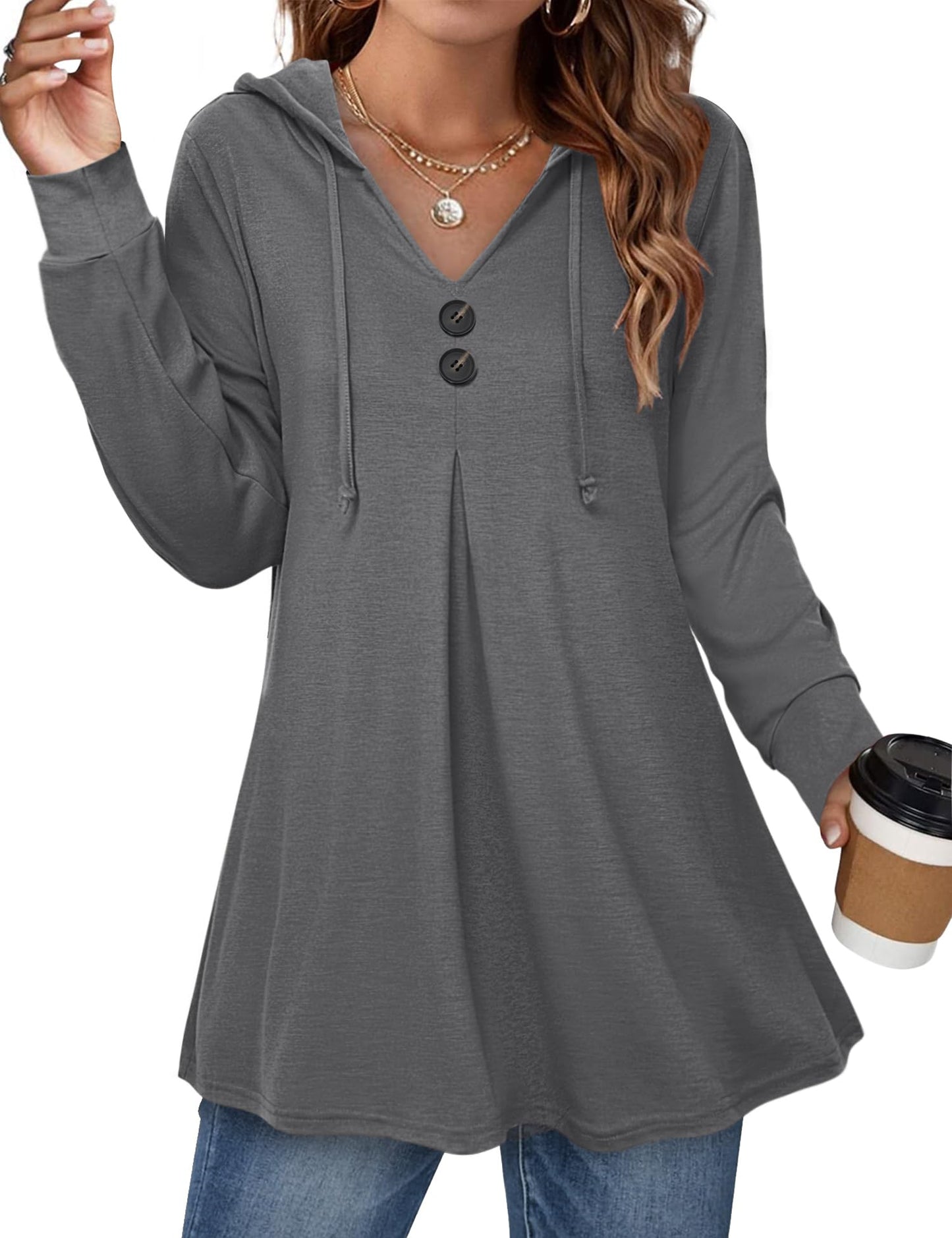 WellSize Plus Size Lightweight Hoodies for Women Long Sleeve Fall Thin Sweatshirts Button Tunic Tops V Neck Pullover