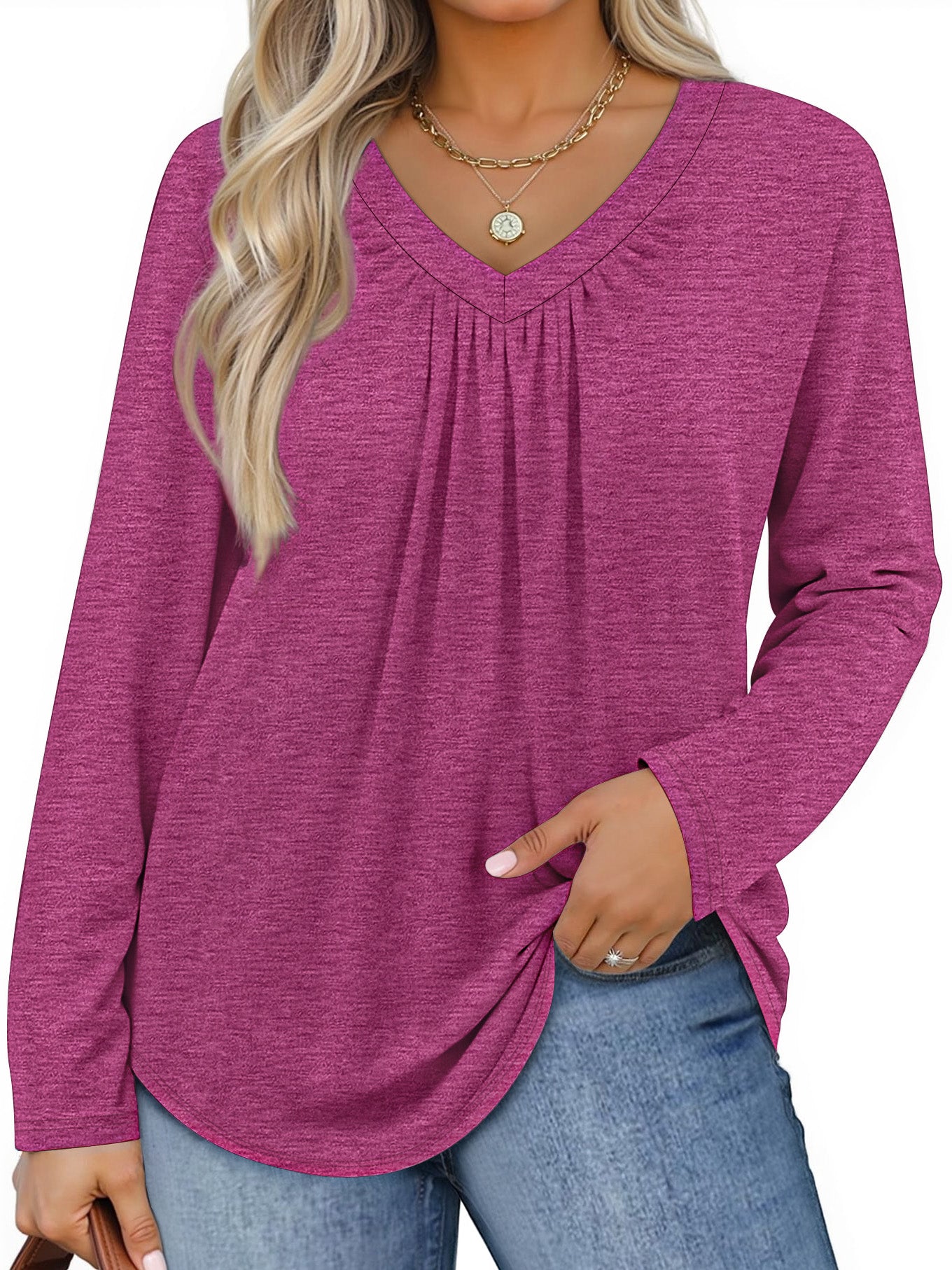 WellSize Womens Plus Size Tops Casual Pleated V Neck Fall Blouse Tunic Long Sleeve Shirts