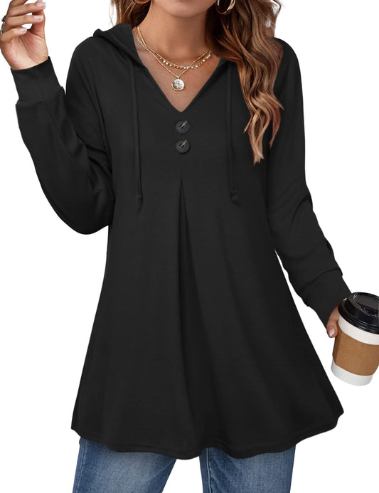 WellSize Plus Size Lightweight Hoodies for Women Long Sleeve Fall Thin Sweatshirts Button Tunic Tops V Neck Pullover