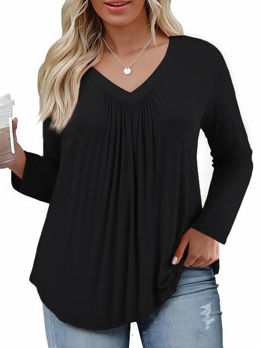 WellSize Womens Plus Size Tops Casual Pleated V Neck Fall Blouse Tunic Long Sleeve Shirts