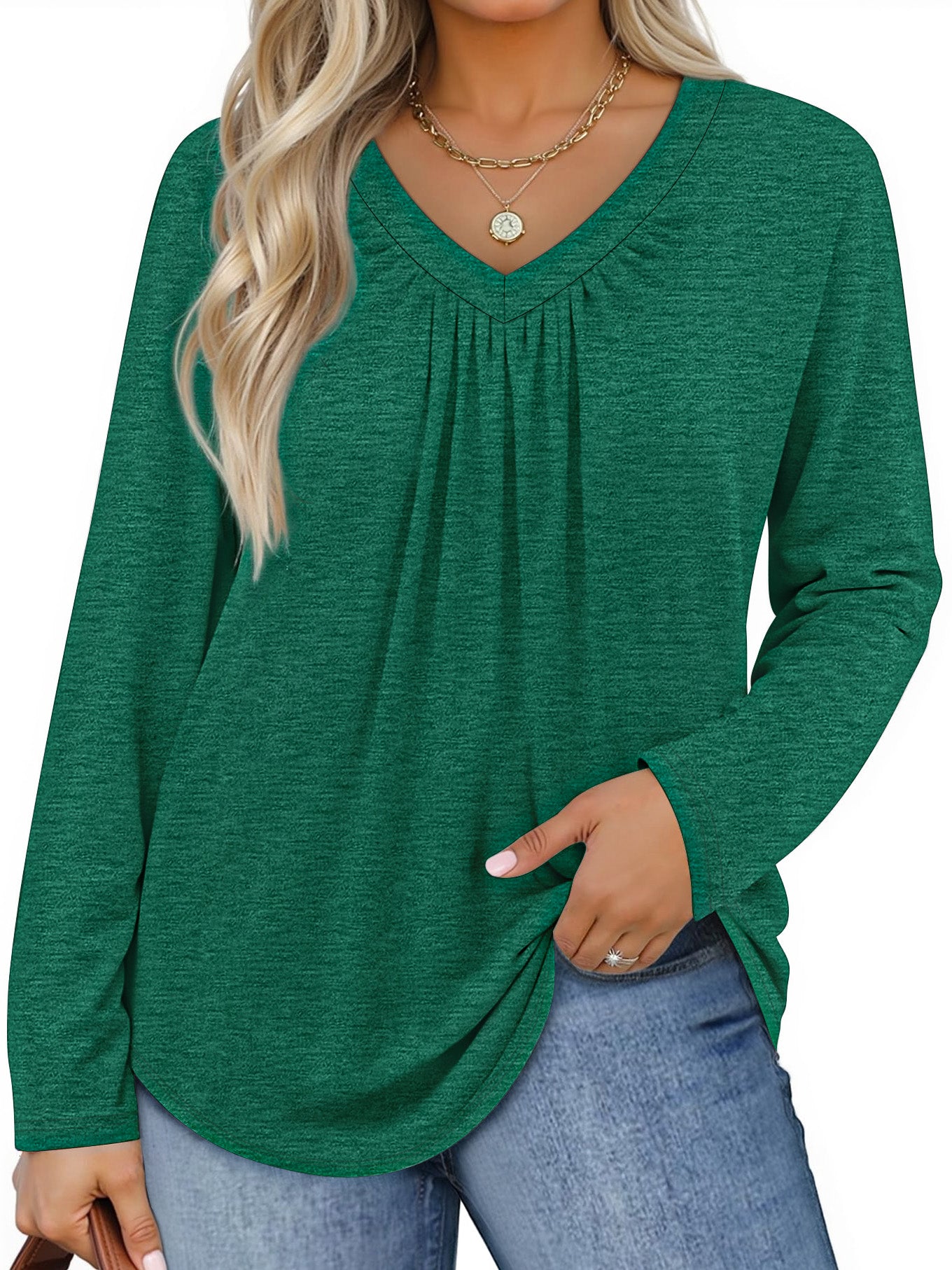 WellSize Womens Plus Size Tops Casual Pleated V Neck Fall Blouse Tunic Long Sleeve Shirts