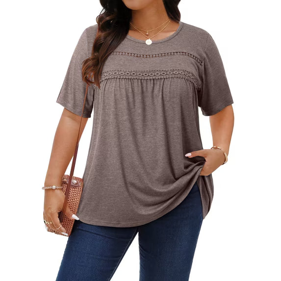 WellSize Lace Plus Size Women Blouses Casual Tunic Boho Tops Crew Neck Short Sleeve Shirts Trendy Summer Blouses