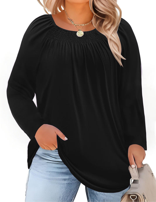 WellSize Plus Size Women Blouses Casual Pleated Long Sleeve Shirts Fall Crew Neck Tunic Tops