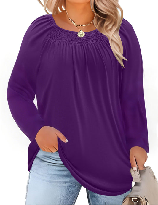 WellSize Plus Size Women Blouses Casual Pleated Long Sleeve Shirts Fall Crew Neck Tunic Tops