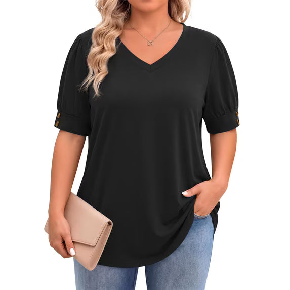 WellSize Plus Size Women Blouses Casual Button V Neck tunic tops Summer Short Sleeve Shirts