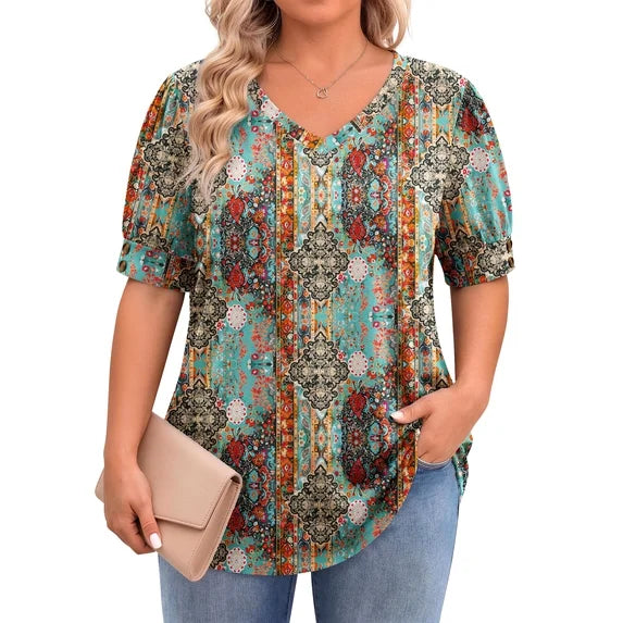 WellSize Plus Size Women Blouses Casual Button V Neck tunic tops Summer Short Sleeve Shirts