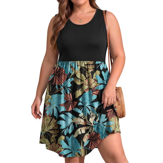WellSize Plus Size Women Tank Dresses Summer Sleeveless Crew Neck Sundresses Casual Beach Dress with Pocket
