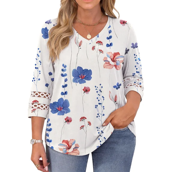 WellSize 3/4 Sleeve Womens Plus Size Tops V Neck Trendy Tunic Blouses Curved Hem Casual Shirts
