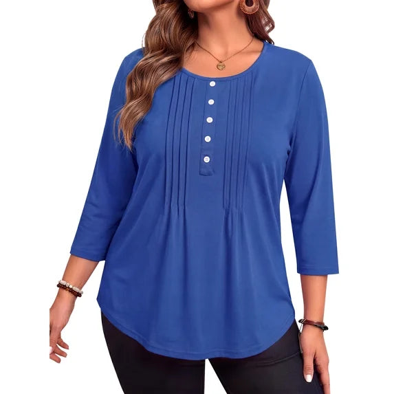 WellSize 3/4 Sleeve Plus Size Womens Blouses Casual Floral Pleats Tops Summer Crewneck Shirts Tunic Curved Hem Blouses