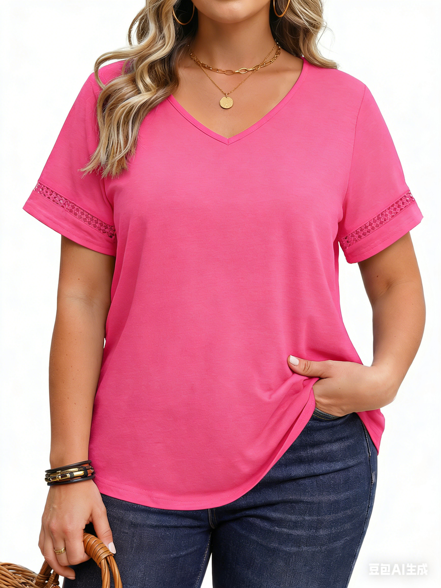 WellSize Plus Size V Neck Tops for Women Dressy Lace Short Sleeve Shirts Casual Summer Tunic Blouses