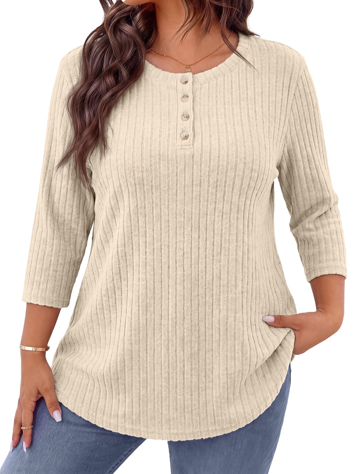 WellSize 3/4 Sleeve Blouses for Women Plus Size Henley Shirts Casual Crew Neck Tunic Tops Trendy Fall Pullover