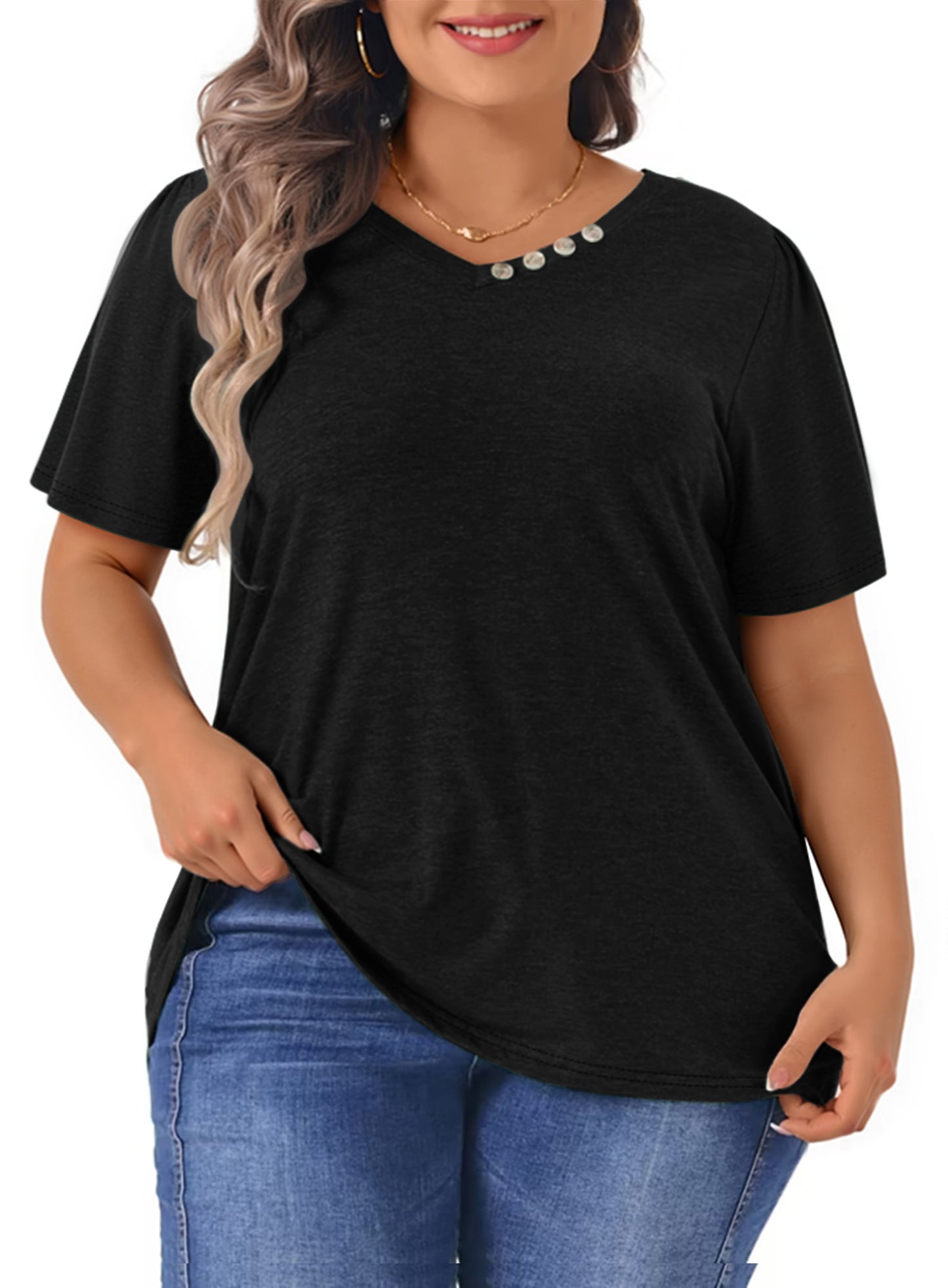 WellSize Plus Size Blouses for Women Button Tunic Tops V Neck Short Sleeve Summer Shirts