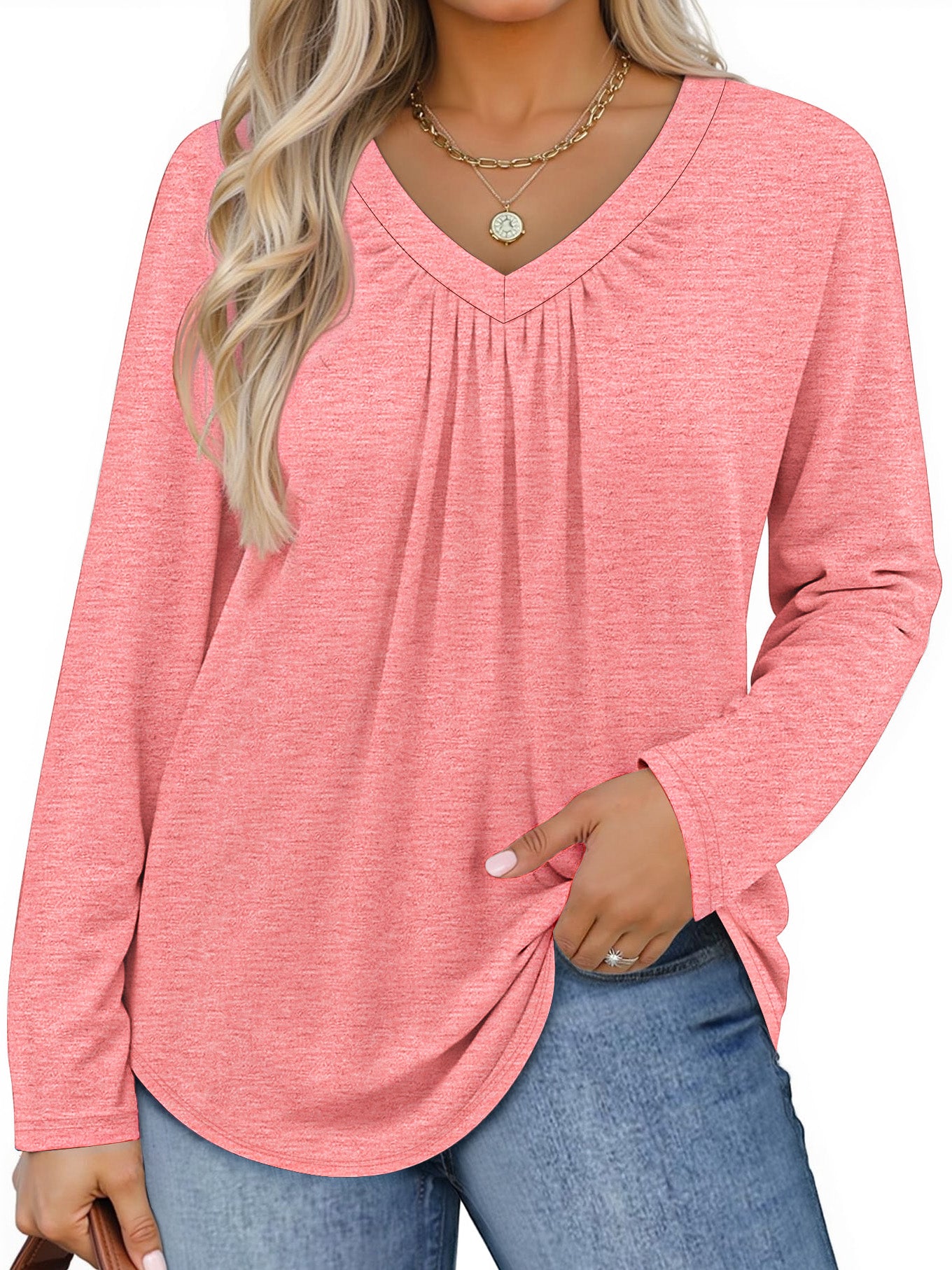 WellSize Womens Plus Size Tops Casual Pleated V Neck Fall Blouse Tunic Long Sleeve Shirts