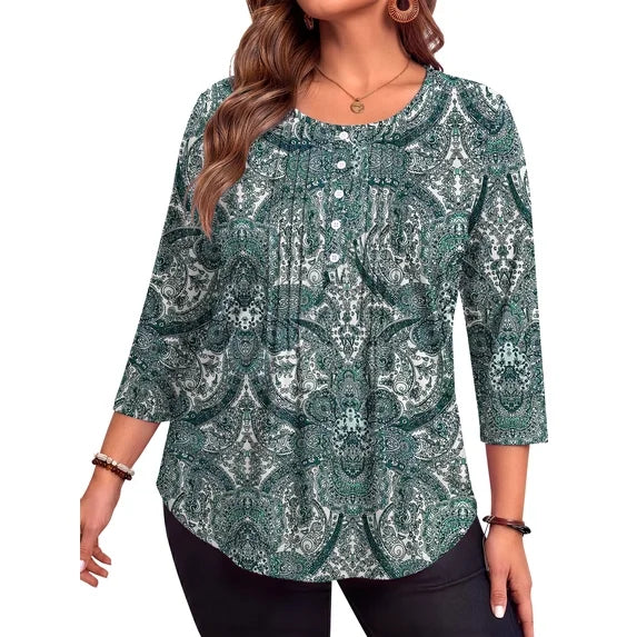 WellSize 3/4 Sleeve Plus Size Womens Blouses Casual Floral Pleats Tops Summer Crewneck Shirts Tunic Curved Hem Blouses