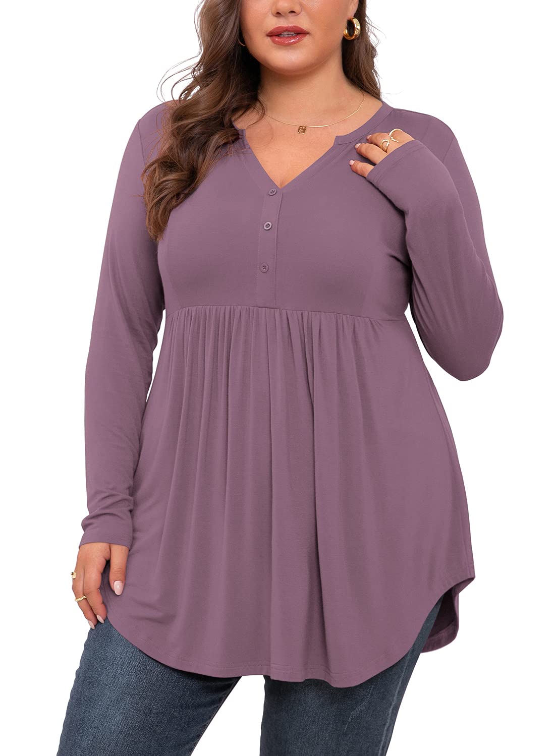 WellSize Plus Size Blouses for Women V Neck Curved Hems Tunic Tops Casual Long Sleeve Botton Fall Shirts