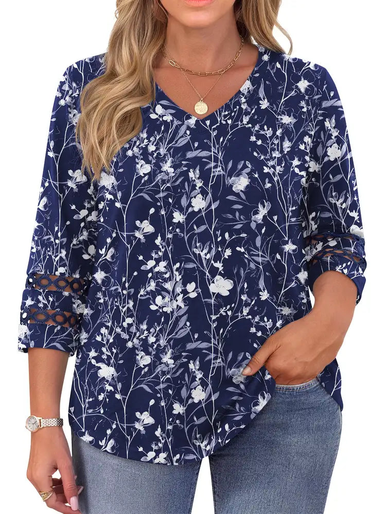 WellSize 3/4 Sleeve Womens Plus Size Tops V Neck Trendy Tunic Blouses Curved Hem Casual Shirts
