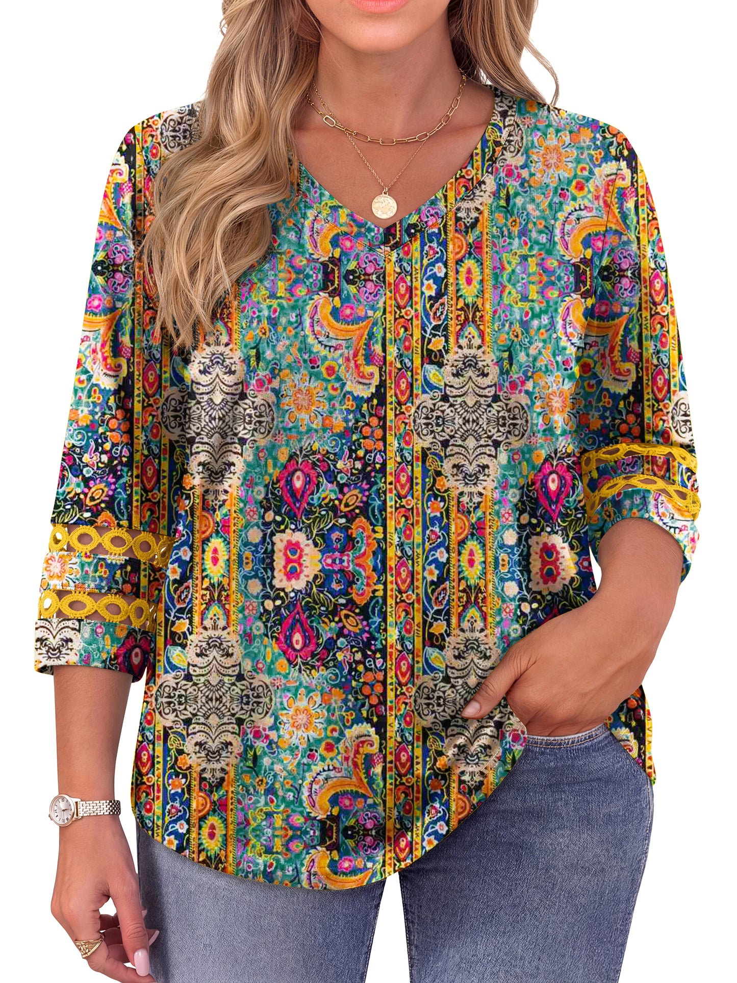 WellSize 3/4 Sleeve Womens Plus Size Tops V Neck Trendy Tunic Blouses Curved Hem Casual Shirts